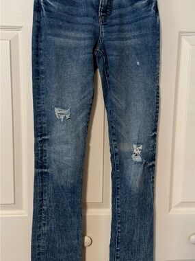 Express Women's Flare Jeans in Dark Blue with Distressed Knees